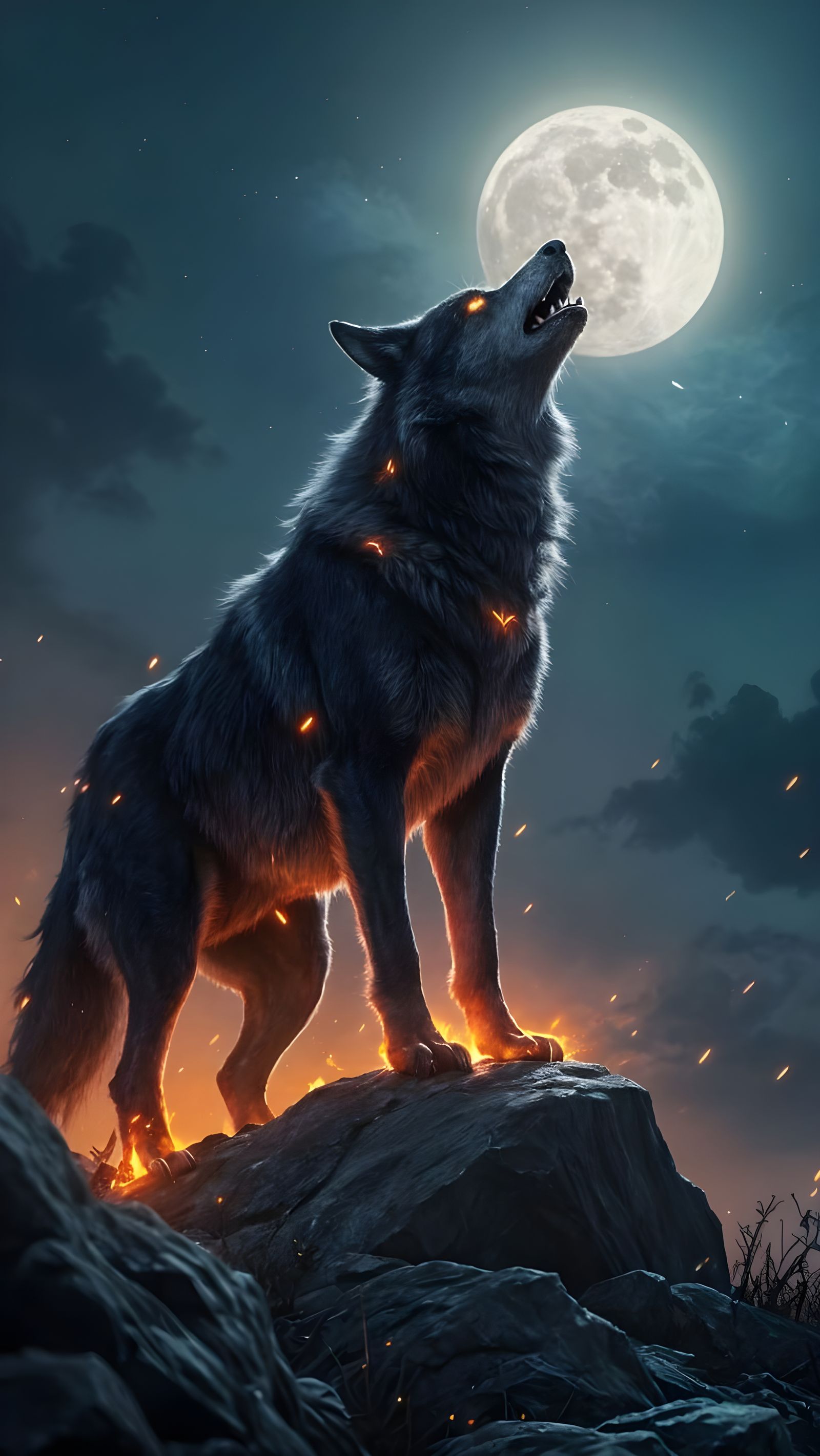 Fiery Dire Wolf Howling at Moon, Fantasy Art