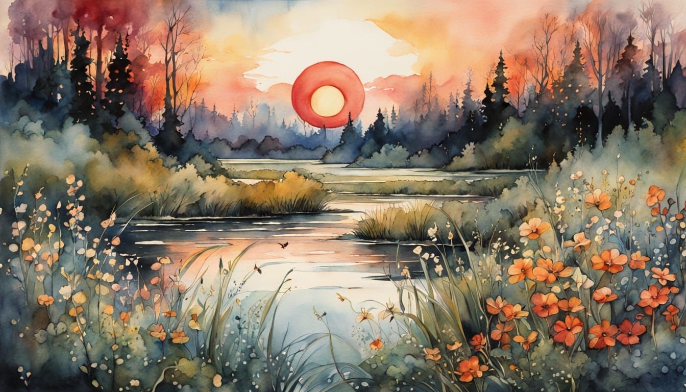Whimsical Watercolor Landscape During a Dark Eclipse
