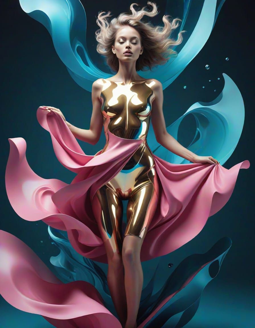 Surreal Woman Suspended in Mid-Air with Fractured Geometric ...