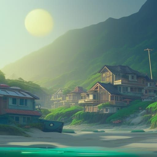 Coastal Solarpunk Village in Anime Style