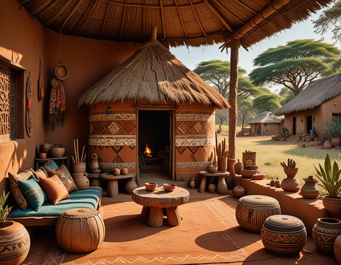 African Homestead in Folk Art Style