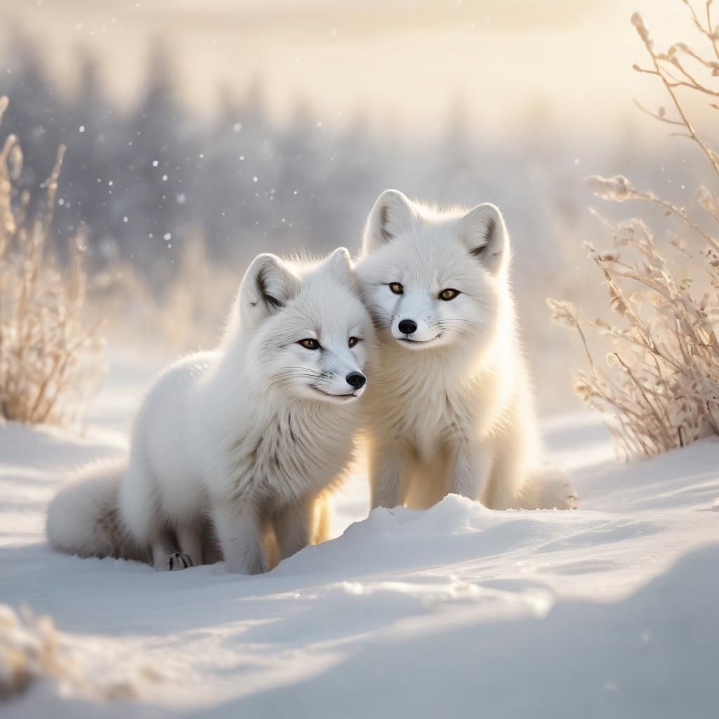 Arctic Fox Cubs Play in Winter Snowscape