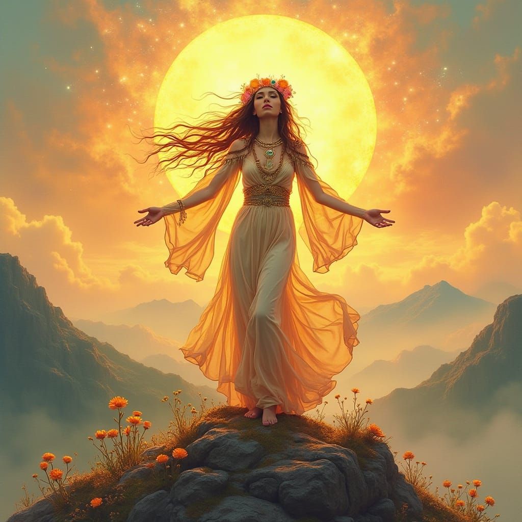 Woman Channels Cosmic Power in Art Nouveau Style