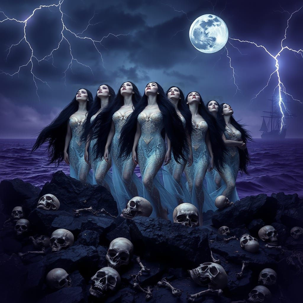 Ethereal Sirens Rising Above a Stormy Ocean