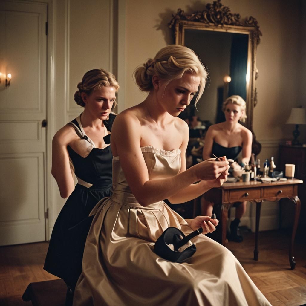 Crossdressed Blonde Boy Getting Makeup, Cinematic Style