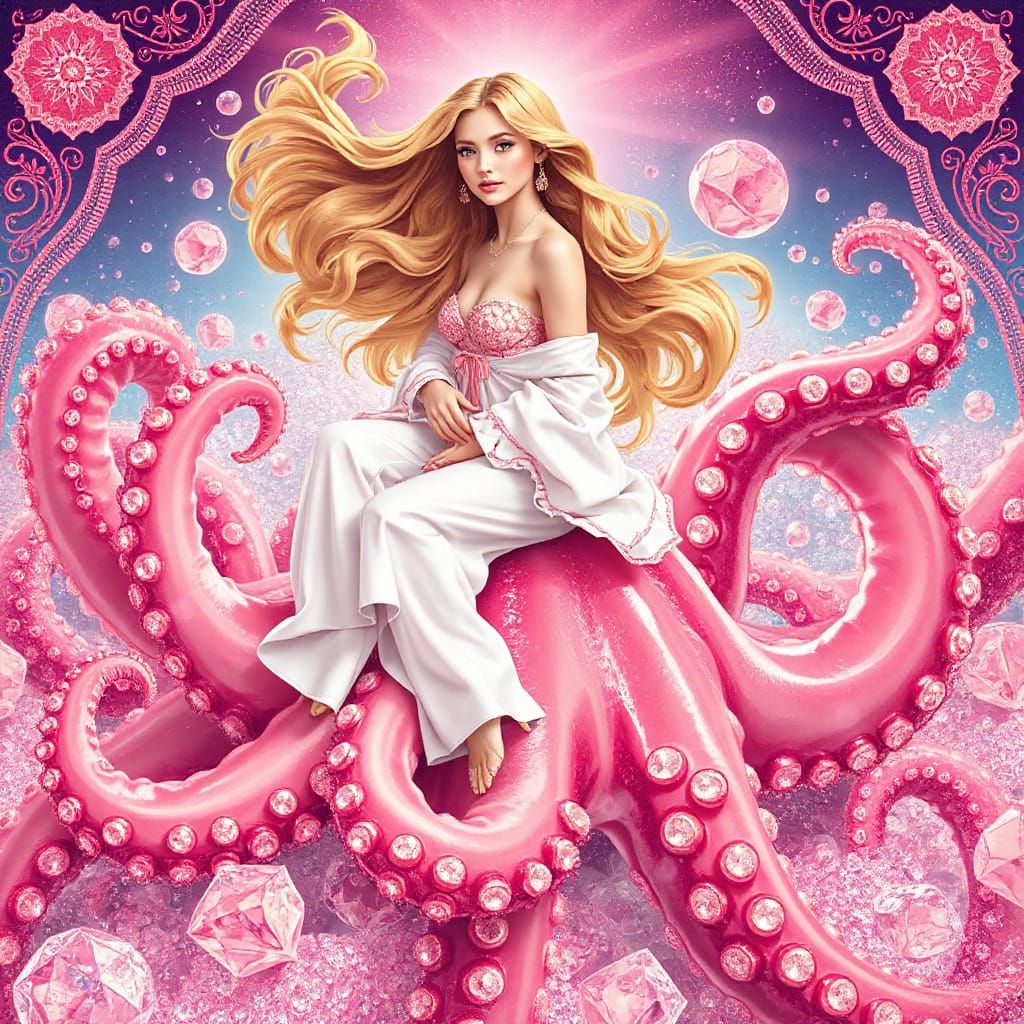 Woman on Gummy Octopus in Surreal Soda Ocean