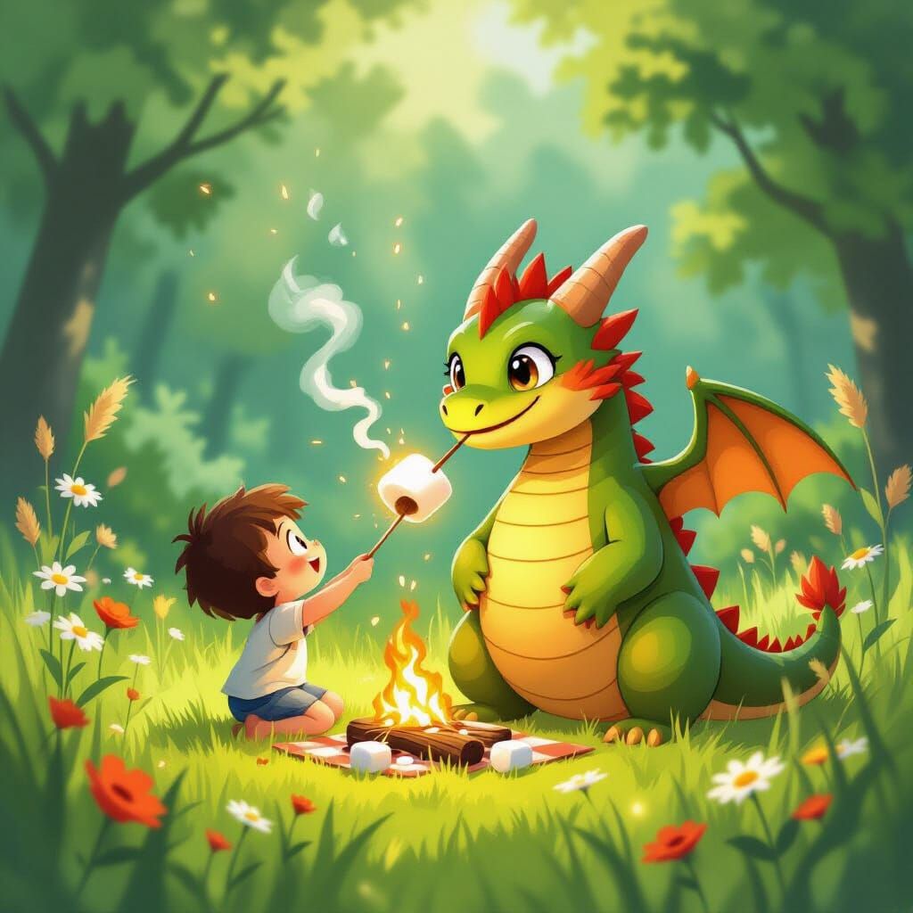 Tiny Dragon Comically Toasts Marshmallow for Child
