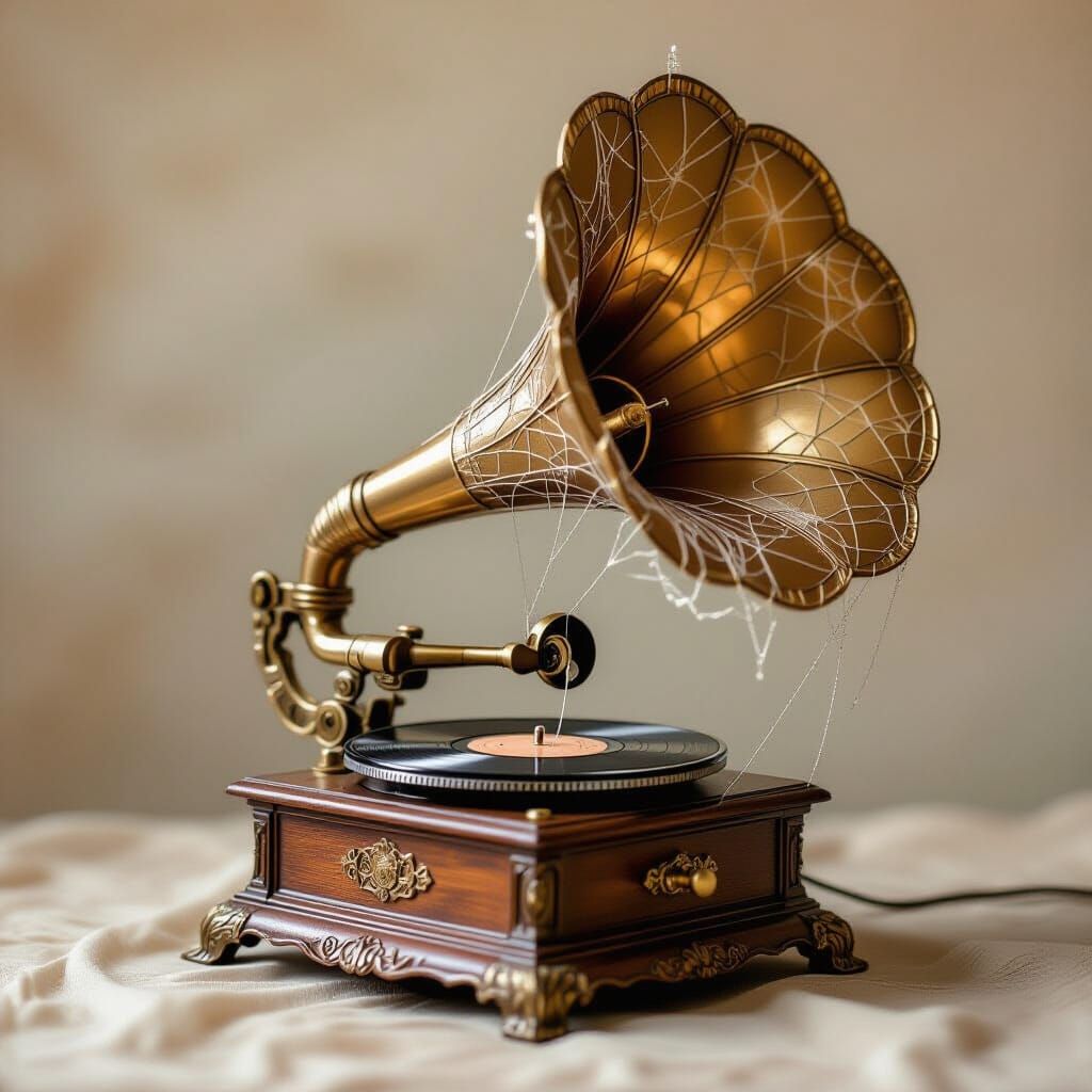 Gramophone of Shimmering Spiderwebs in Hyperrealistic Style