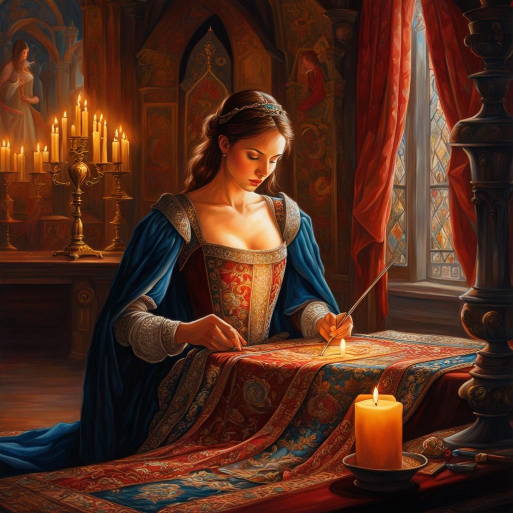 Medieval Lady Embroidering Knight Tapestry: Concept Art