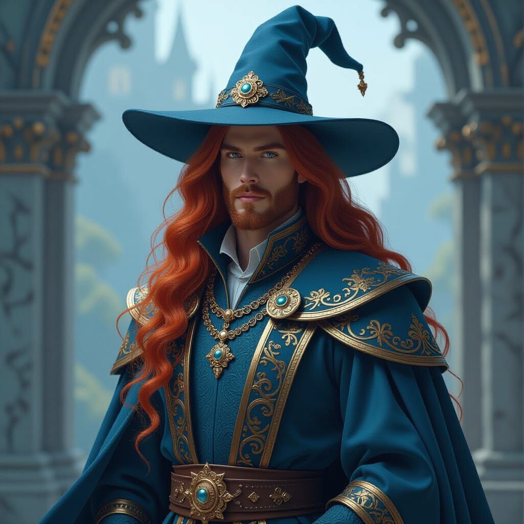 Red Haired Wizard in Blue Baroque Attire