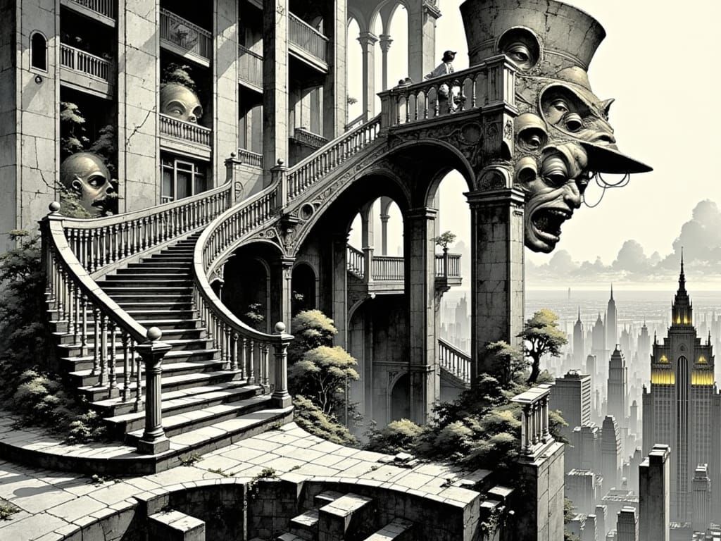 Escher-Inspired Mosaic Staircase in Klimt's Grand Style