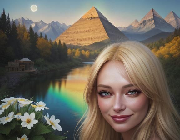 Blonde Woman's Ecstatic Smile in Colorful Landscape