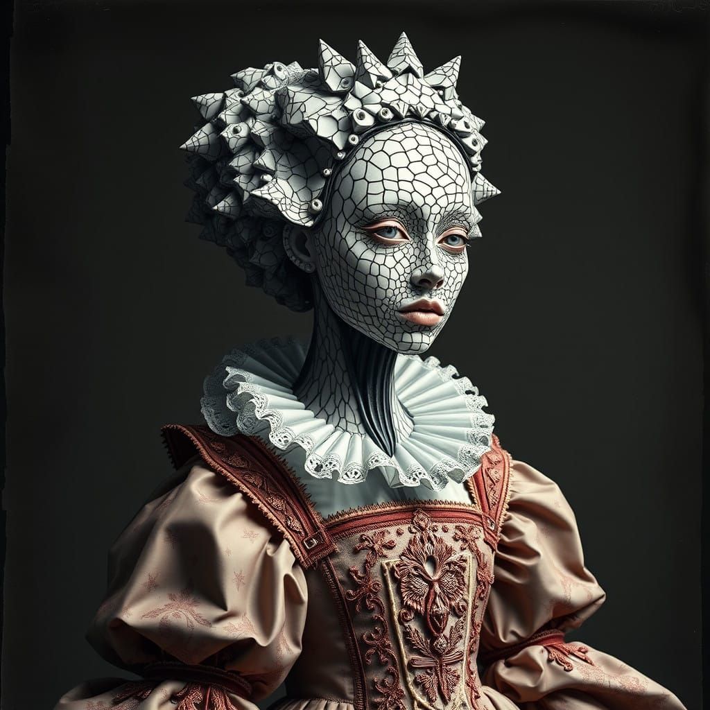 a stunning Renaissance princess, trapezoidal, her head is oozing, melting face, dripping, abstract, odd, random squished...