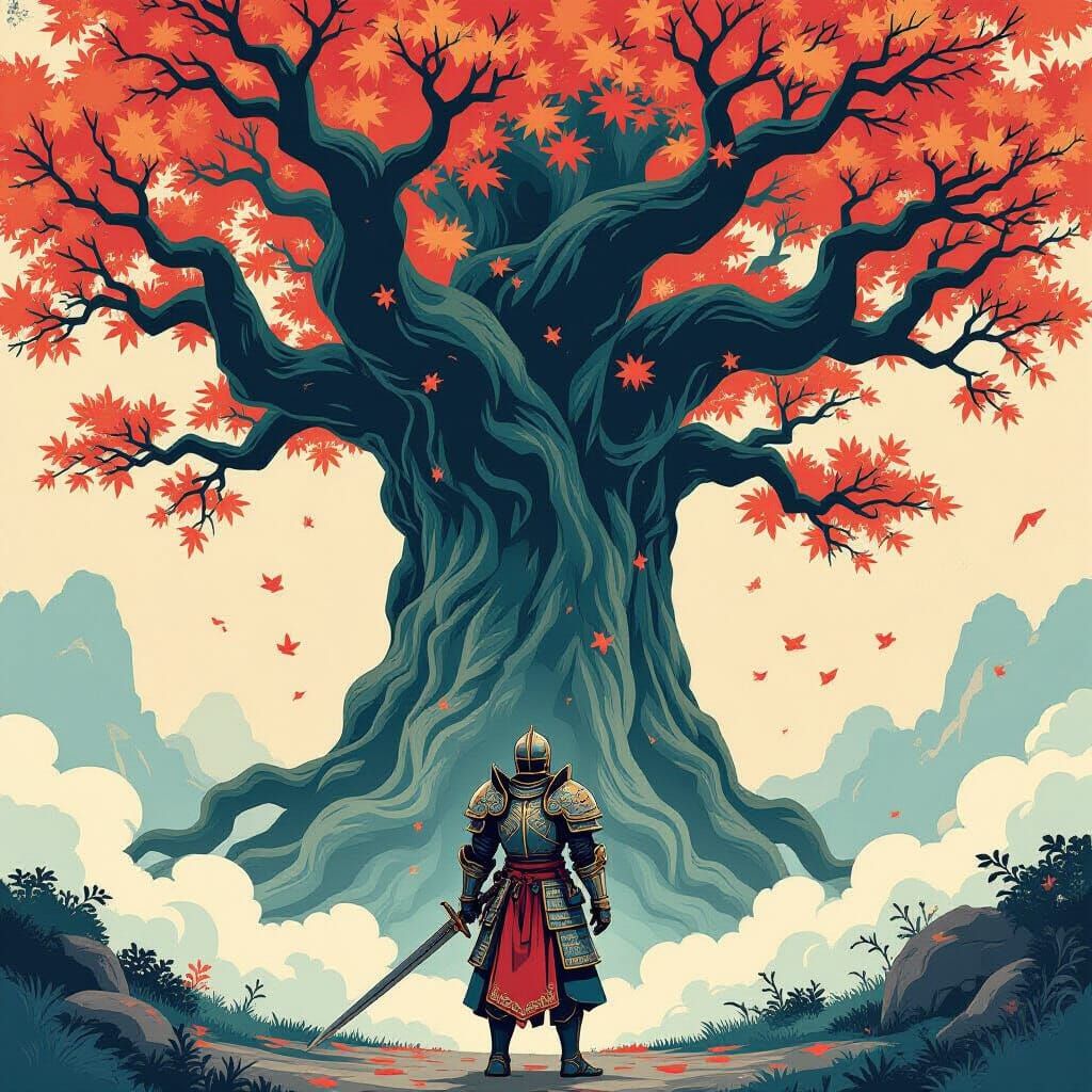 Knight Before Surreal Tree in Ukiyo-e Style