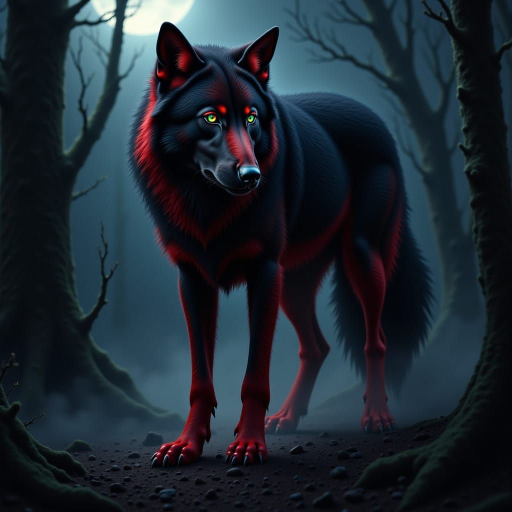 Black and Red Wolf in Moonlit Forest