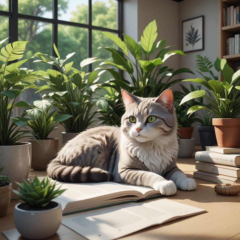 Millennial Cat in Cozy Workspace, 3D Anime Art