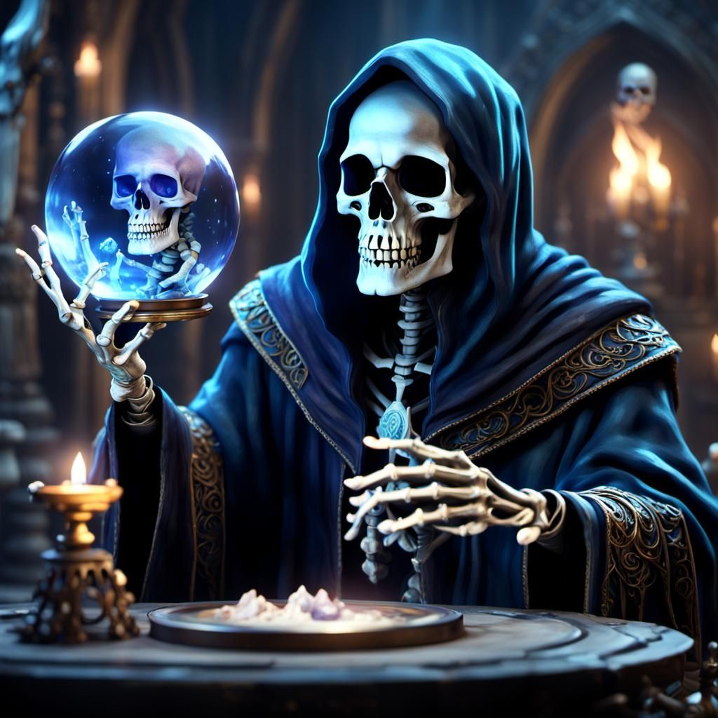 Skeleton Sorcerer Gazing Through Crystal Ball