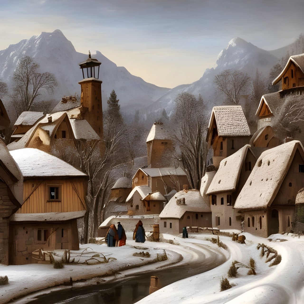 Rustic Medieval Village in Winter: A Scene of Labor