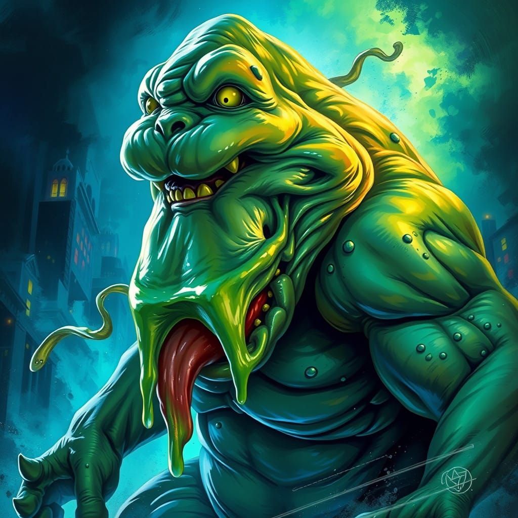 Hyperrealistic Slimer in Vibrant Industrial Art Style