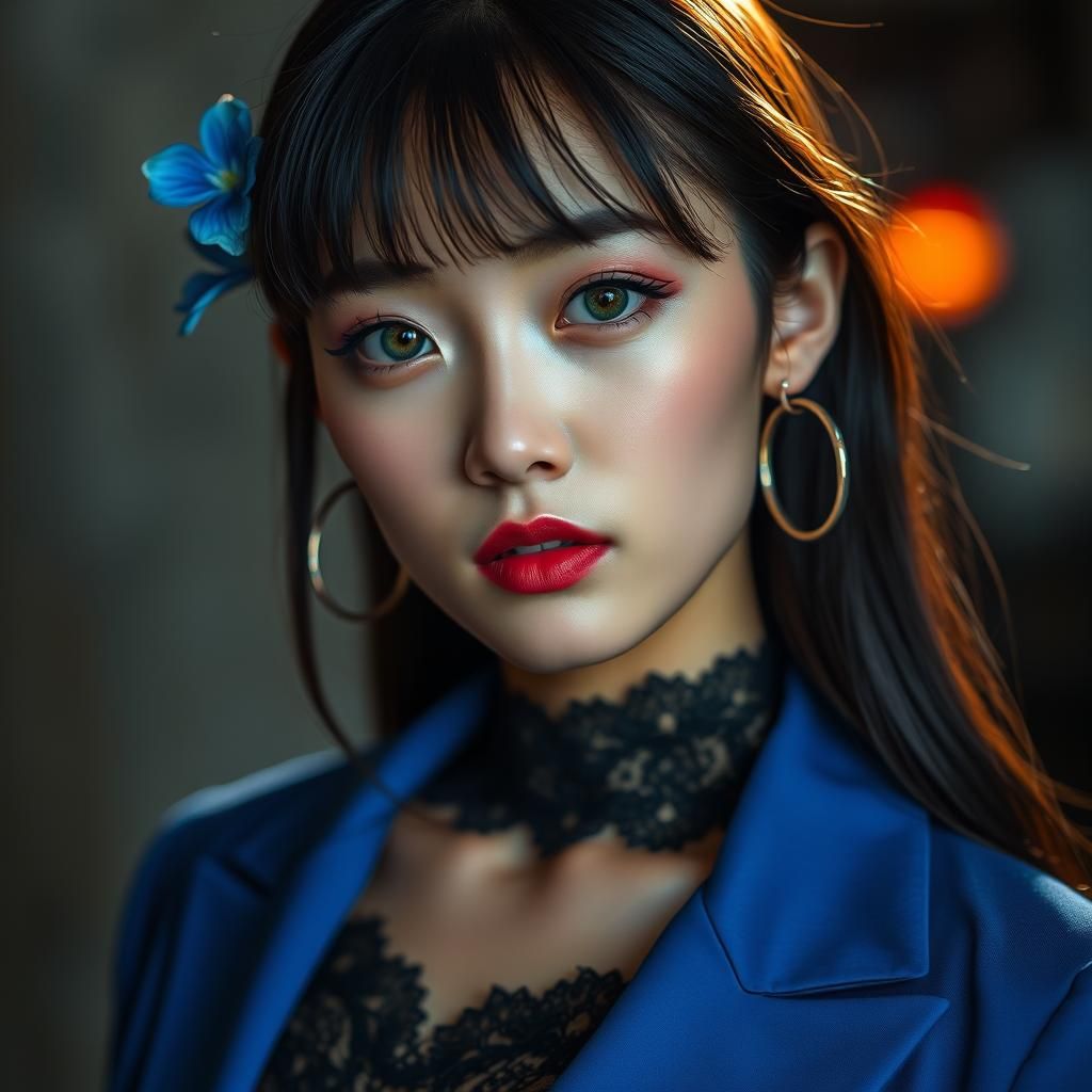 Cinematic Portrait of Asian Woman with Blue Flowers