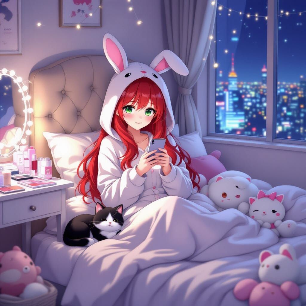 Cute Manga Woman in Bed with Cat Overlooking Tokyo