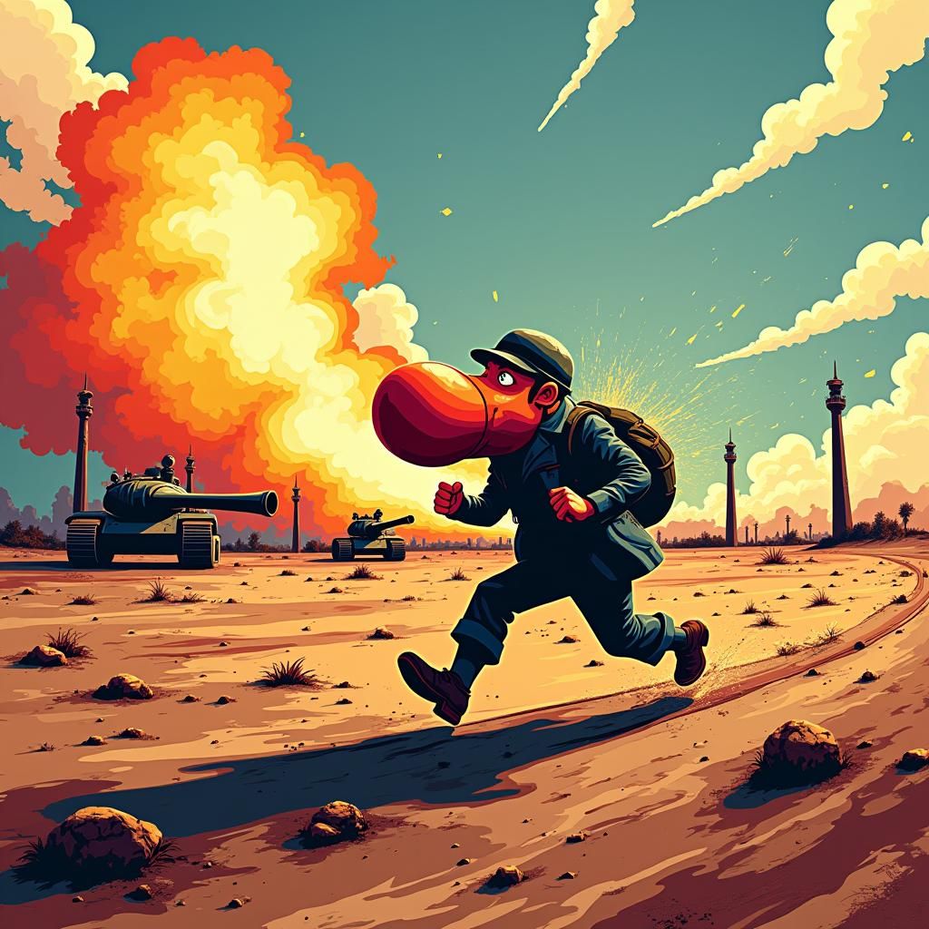 Nose Running on Battlefield in Pop Art Style