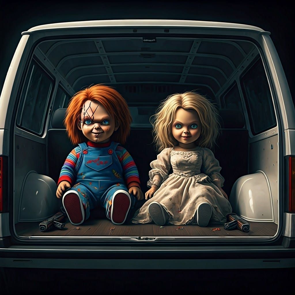 Chucky and Tiffaney Dolls in Dimly Lit Van