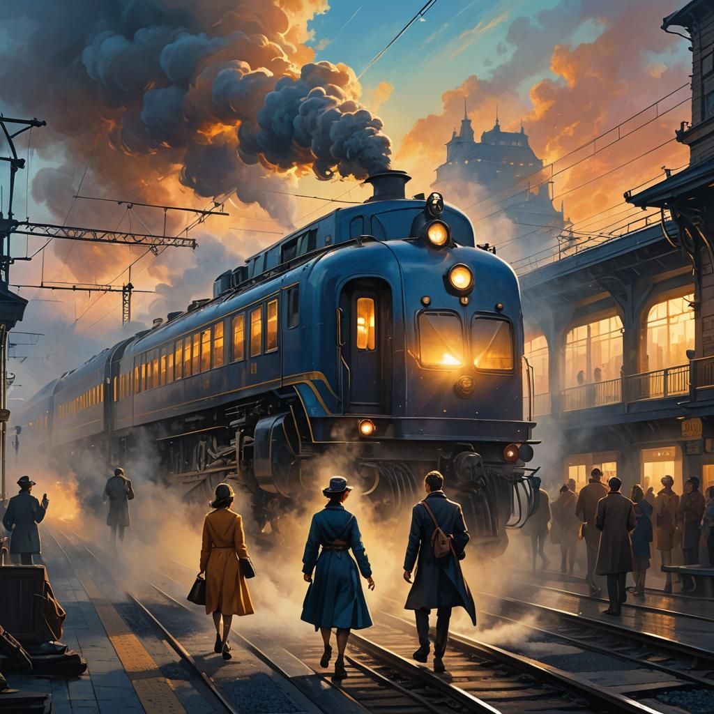 Fantastical Train Station Reunion in Vibrant Colors