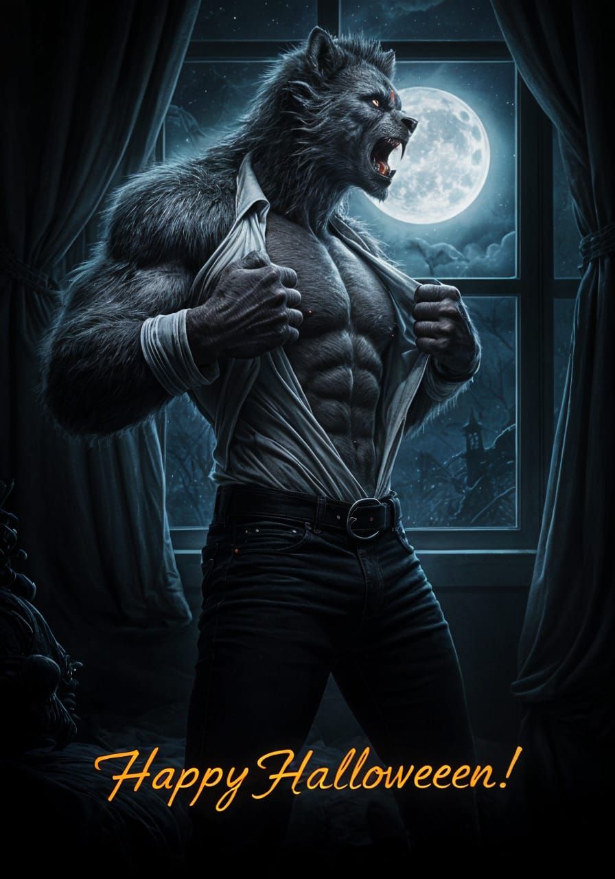 Werewolf Transformation in Moonlight: Hyperrealistic Illustr...