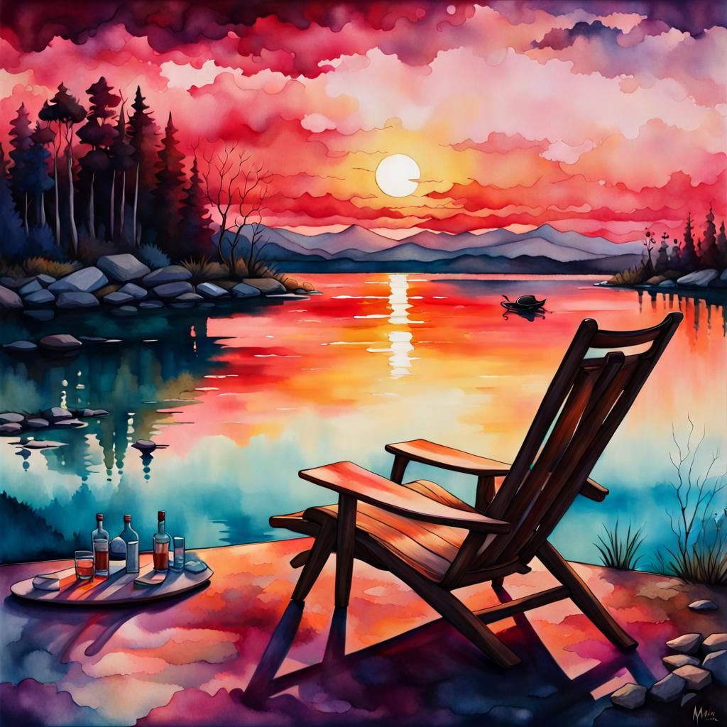 Sunset Lake Scene in Alcohol Ink Style