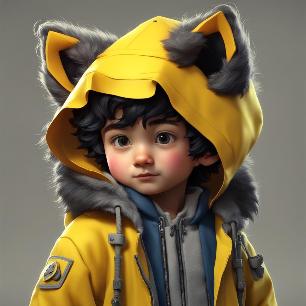 Boy with Wolf Features in Yellow Raincoat: 3D Digital Art