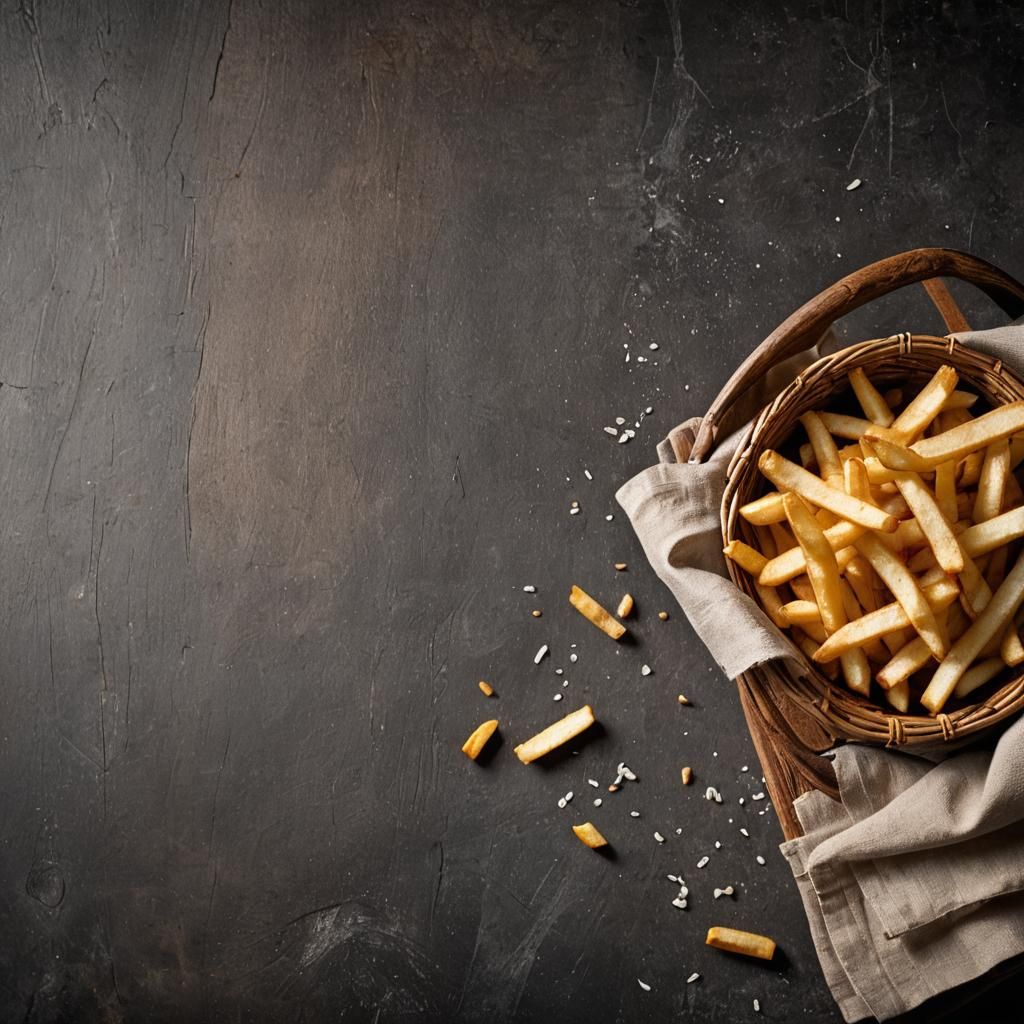 Food photography of a front-view rustic presentation of French fries in a wooden basket, the fries spilling out onto a d...