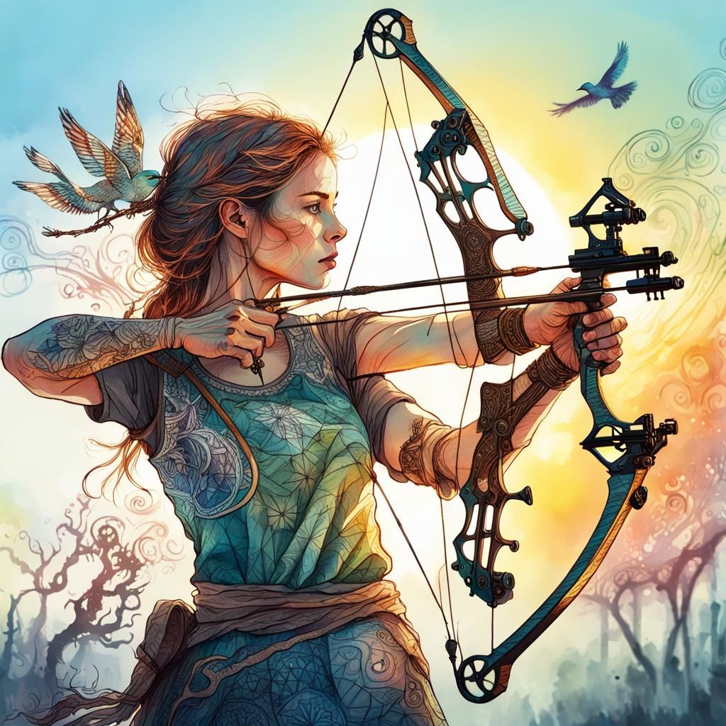 Fantasy Archer with Crossbow in Zentangle Style