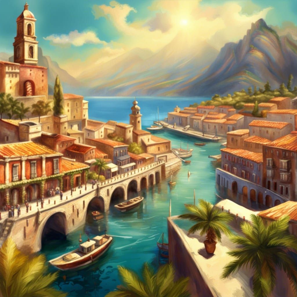 Sunny Colonial Coastal City in Mountain Valley