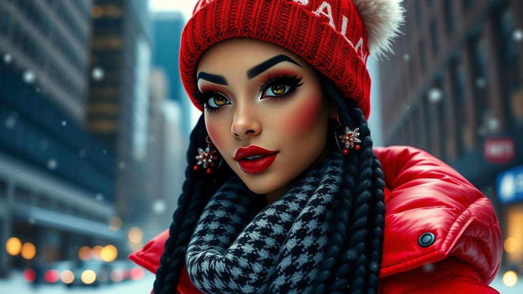 Glamorous Latina Woman in Vibrant Puffer Jacket and Braids