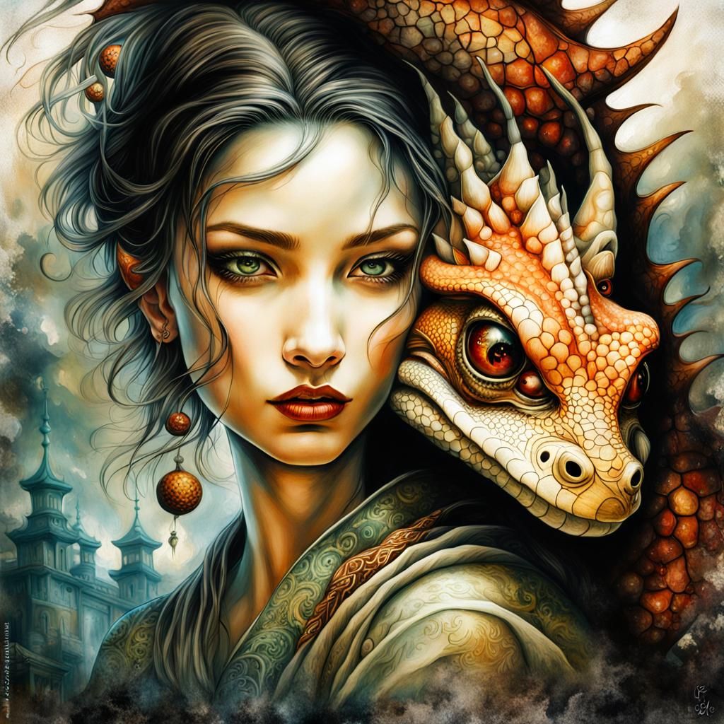 Woman and Dragon Hatchling in Dreamlike Fantasy Style