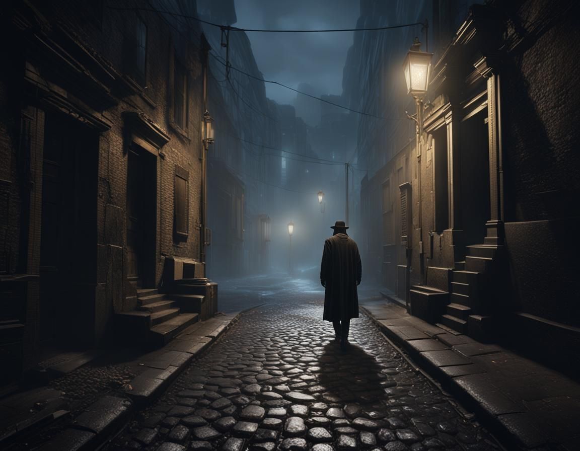 Mysterious Man in Foggy London Alleyway