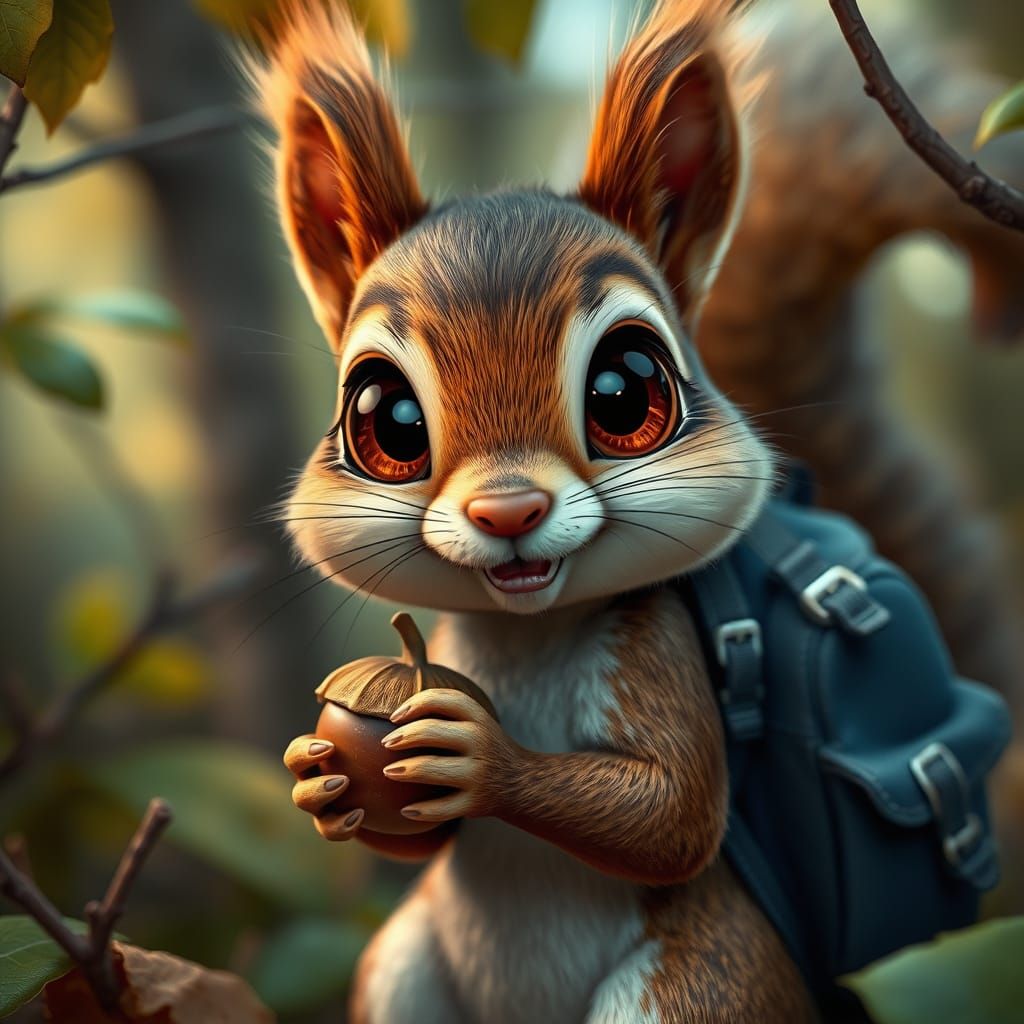 Mischievous Squirrel with Cartoon Eyes in Photorealistic For...