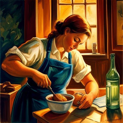 Woman Baking Bread with Fantasy Art Elements