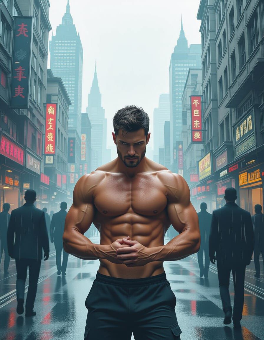 Surreal Urban Cityscape with Shadowy Figures