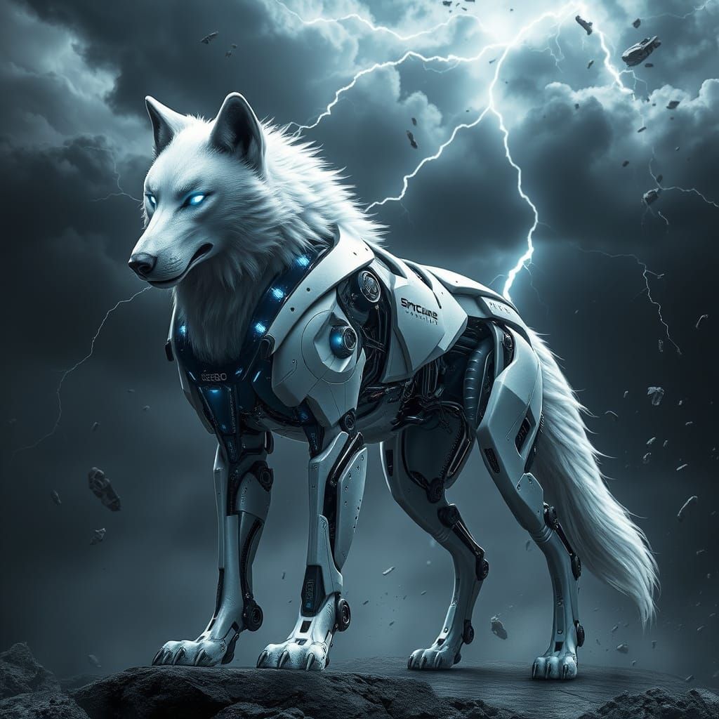 Cybernetic White Wolf in Thunderstorm Glory