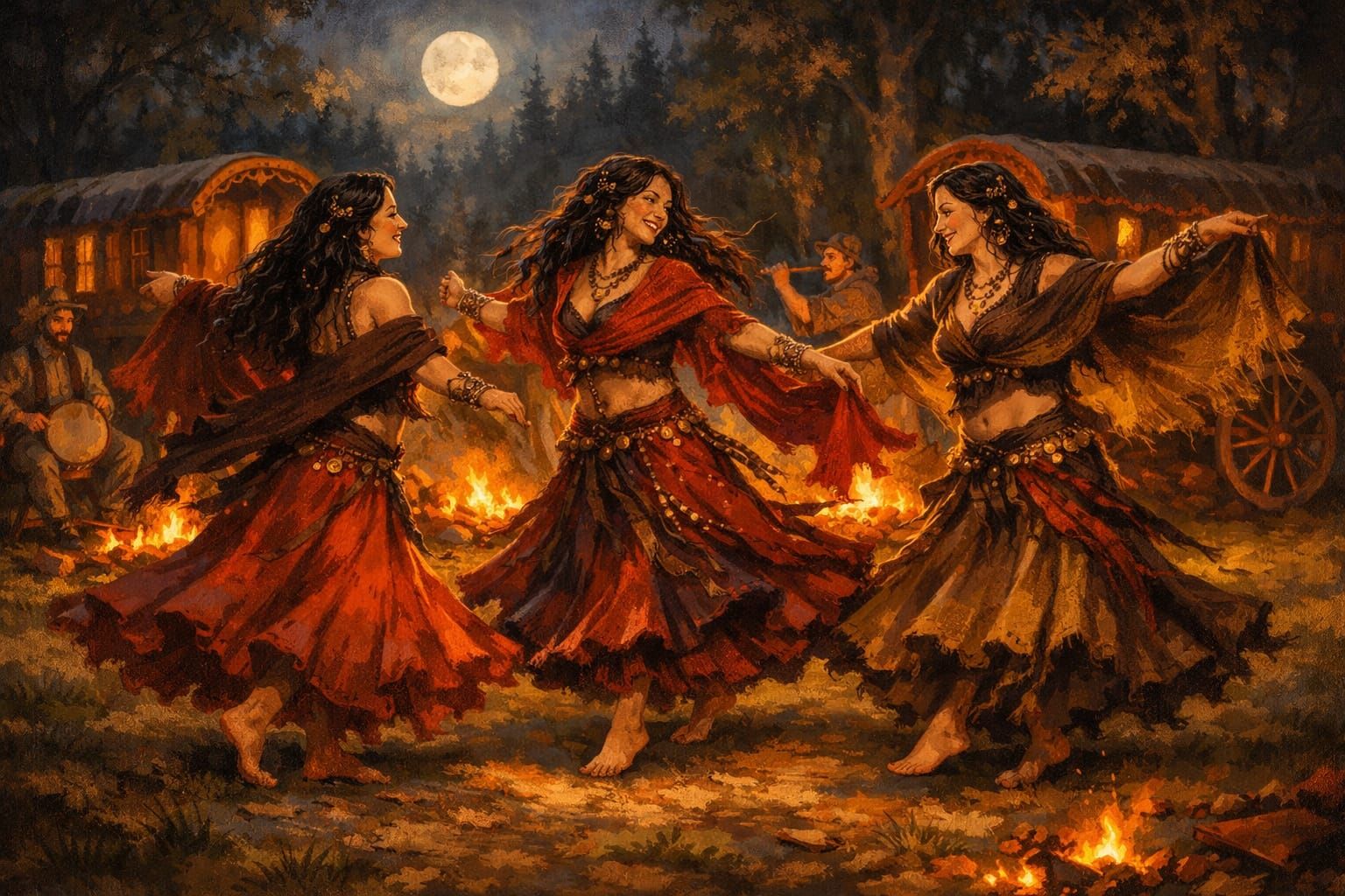 Women Dancing Around Campfires in Moonlit Forest