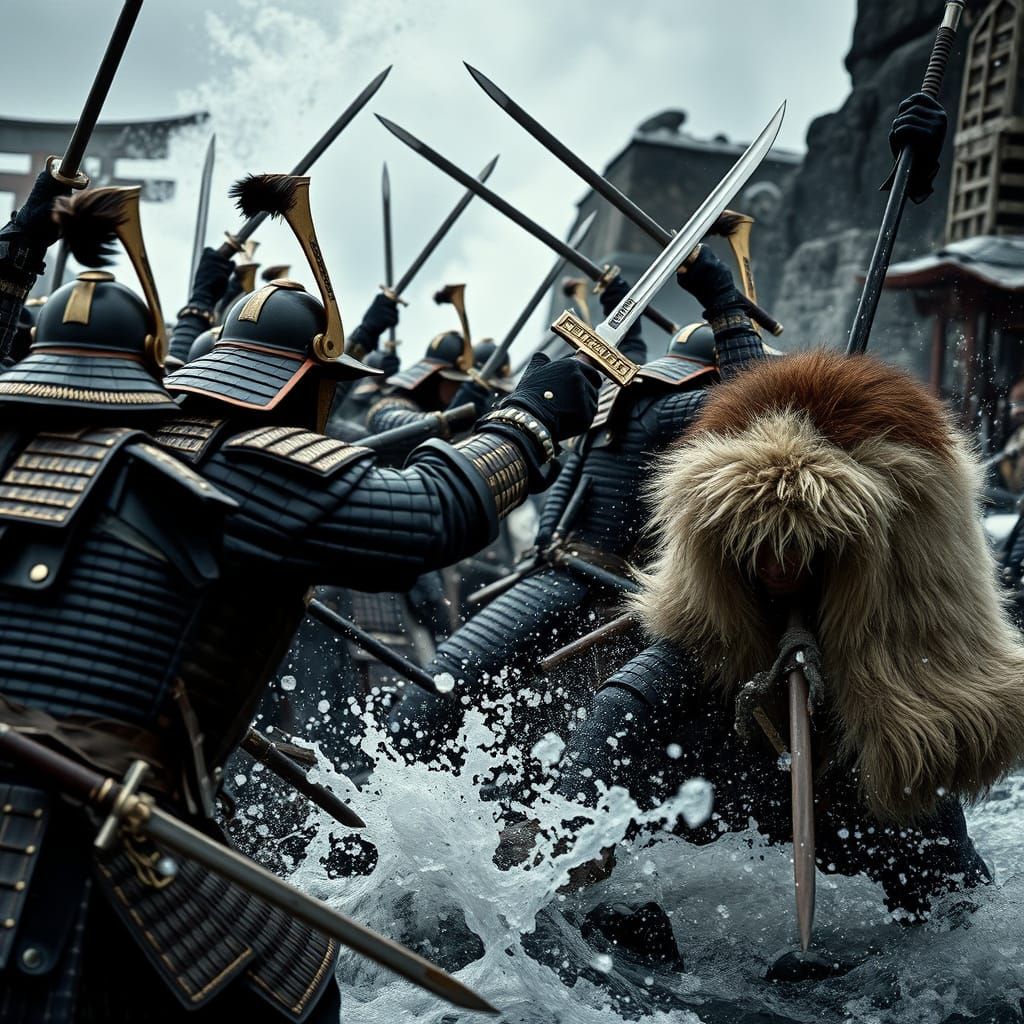 Samurai vs Mongols: Epic Coastal Battle in Chiaroscuro