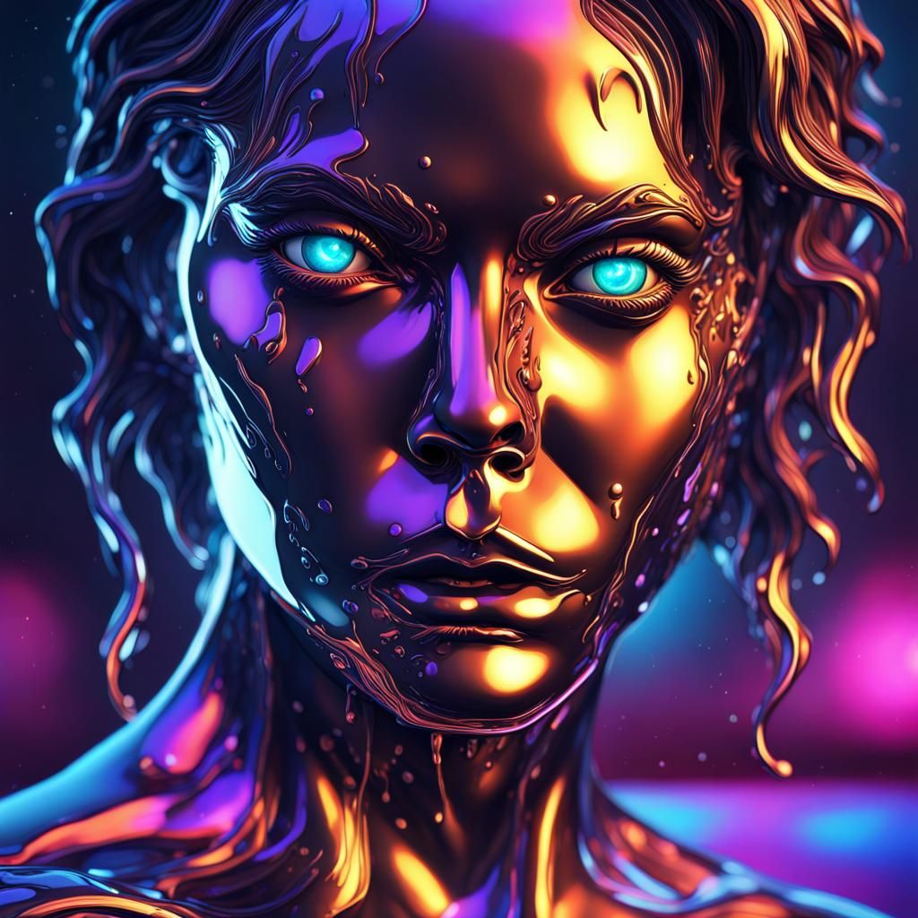 Ominous Liquid Metal Figure with Neon Eyes