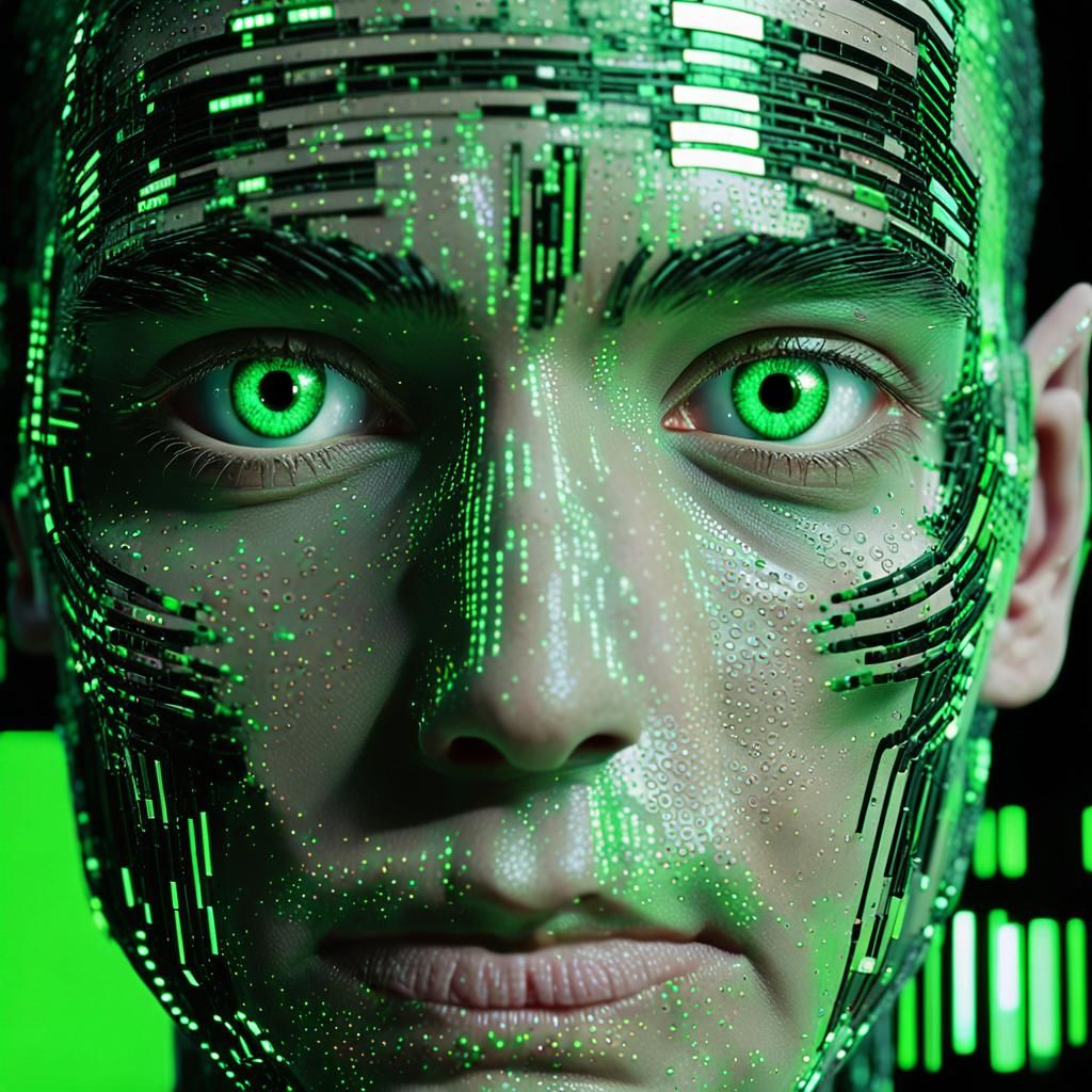 Cyborg in Green Matrix Code: Anime Style