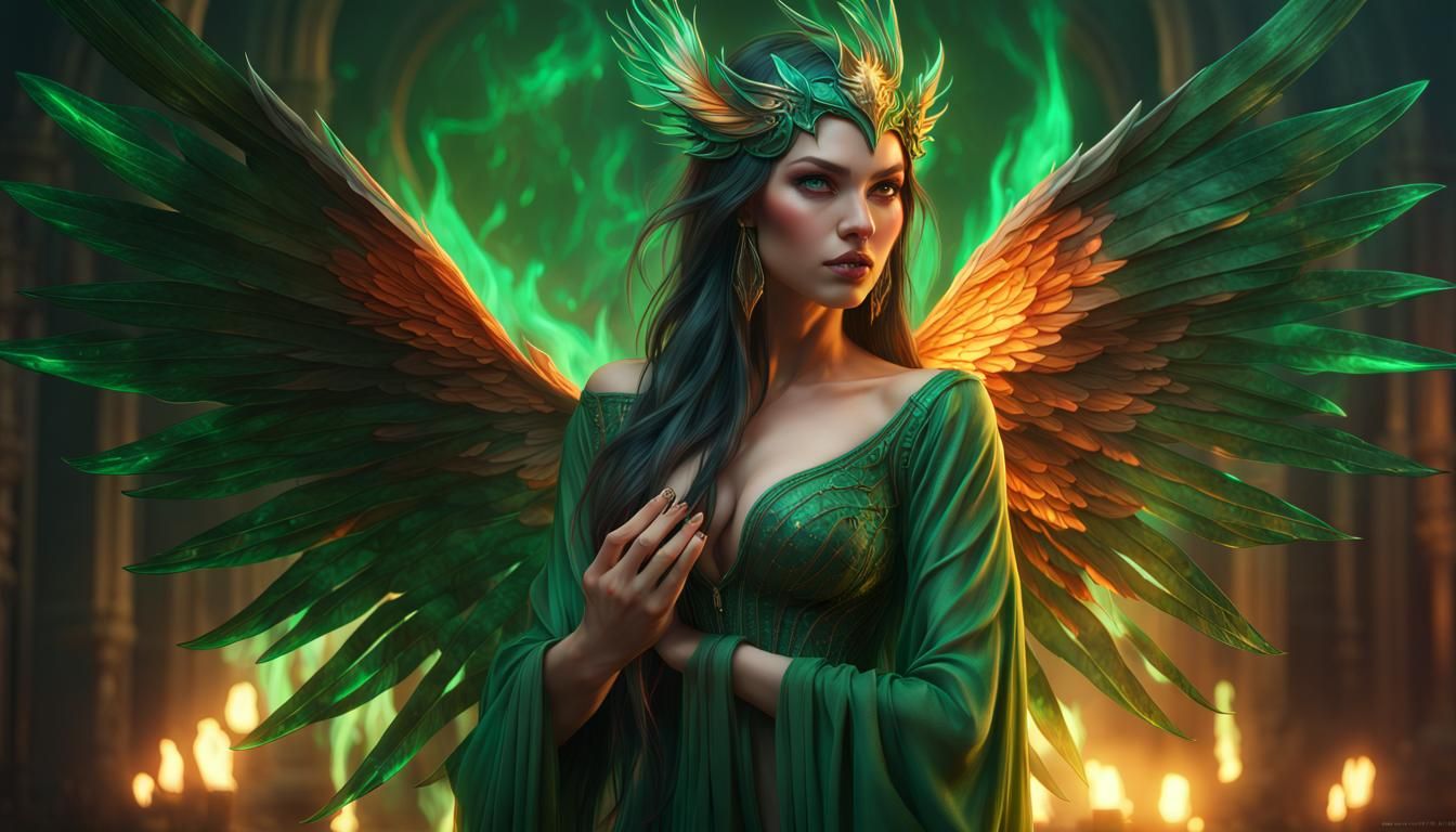 Sorceress with Phoenix Wings in Digital Art Style