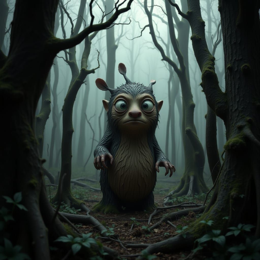 Whimsical Log Character in Dystopian Woods