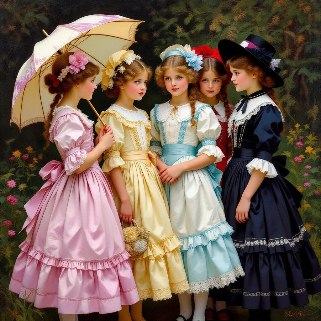 Edwardian Girls in Luminous Oil Painting Style