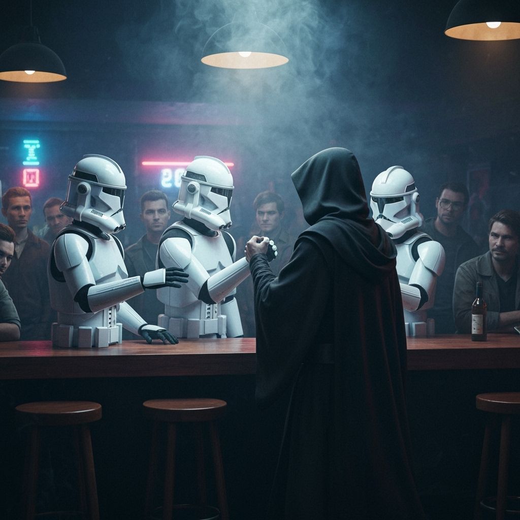 Clone Troopers Arm Wrestling Jedi in Dystopian Bar