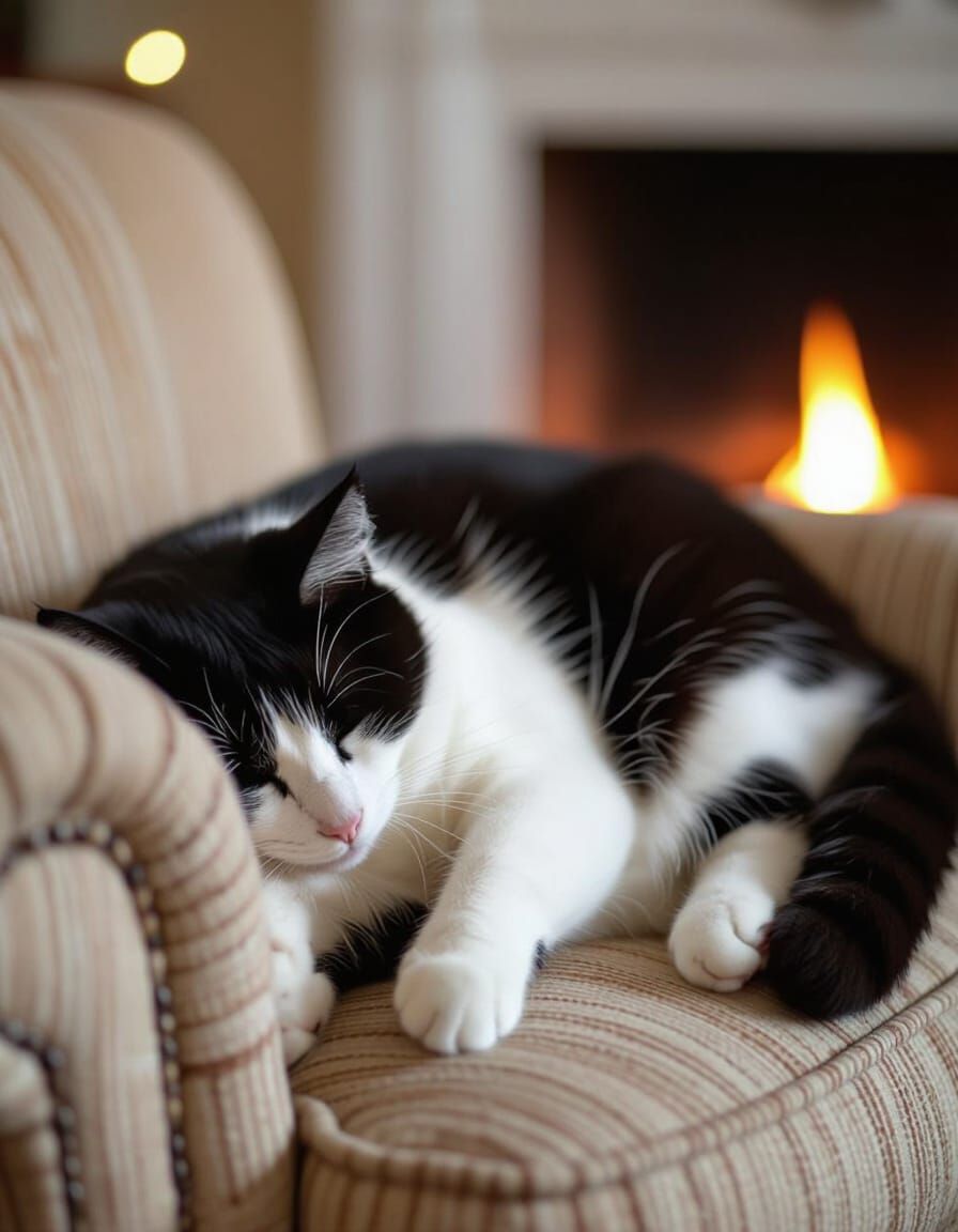 Black and White Cat Napping in Cozy Armchair